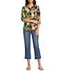 Multiples Woven Circle Multi Print Point Collar 3/4 Roll-Tab Sleeve Button-Front Crinkle Shirt - Image 3