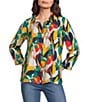 Multiples Woven Circle Multi Print Point Collar 3/4 Roll-Tab Sleeve Button-Front Crinkle Shirt - Image 1