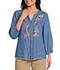 Multiples Woven Denim Split Round Neck 3/4 Sleeve Shirt - Image 1