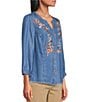 Multiples Woven Denim Split Round Neck 3/4 Sleeve Shirt - Image 3