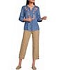 Multiples Woven Denim Split Round Neck 3/4 Sleeve Shirt - Image 5