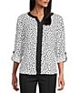 Multiples Woven Dotted Split Round Band V-Neck Long Roll-Tab Sleeve Top, Color:Black/White Print - Image 1