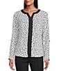 Multiples Woven Dotted Split Round Band V-Neck Long Roll-Tab Sleeve Top, Color:Black/White Print - Image 3