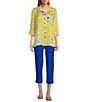 Multiples Woven Floral Point Collar 3/4 Turn-Up Sleeve Hi-Low Button Front Shimmer Shirt, Color:Multi - Image 5