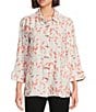 Multiples Woven Leaf Print Point Collar 3/4 Turn-Up Sleeve Button Front Fitted Shirt, Color:Multi - Image 1