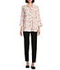 Multiples Woven Leaf Print Point Collar 3/4 Turn-Up Sleeve Button Front Fitted Shirt, Color:Multi - Image 3
