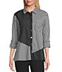 Multiples Woven Multi Plaid Check Print Point Collar 3/4 Roll-Tab Sleeve Button Front Shirt, Color:Black/White Print - Image 1