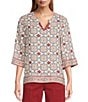 Multiples Woven Print Embroidered V-Round Neck 3 /4 Sleeve Top - Image 1