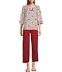 Multiples Woven Print Embroidered V-Round Neck 3 /4 Sleeve Top - Image 3