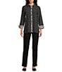 Multiples Woven Printed Point Collar 3/4 Turn-Up Sleeve Button Front Fitted Shirt, Color:Black - Image 3