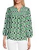 Multiples Woven Printed Ruffled Split V-Neck 3/4 Puff Sleeve Shirred Front Top, Color:Multi - Image 1