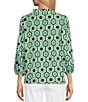 Multiples Woven Printed Ruffled Split V-Neck 3/4 Puff Sleeve Shirred Front Top, Color:Multi - Image 2