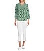 Multiples Woven Printed Ruffled Split V-Neck 3/4 Puff Sleeve Shirred Front Top, Color:Multi - Image 3