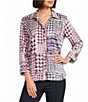 Multiples Woven Shimmer Printed Collared Y-Neck 3/4 Sleeve Button Front Shirt - Image 1