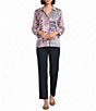 Multiples Woven Shimmer Printed Collared Y-Neck 3/4 Sleeve Button Front Shirt - Image 3