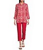 Multiples Woven Stripe Point Collar 3/4 Sleeve Turn Up Cuff Button Front Shirt - Image 5