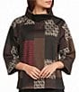 Multiples Yarn Dye Jacquard Knit Patchwork Cowl Neck 3/4 Raglan Sleeve Top - Image 1