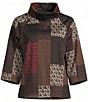 Multiples Yarn Dye Jacquard Knit Patchwork Cowl Neck 3/4 Raglan Sleeve Top - Image 5