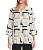 Multiples Yarn-Dyed Geometric Print Point Collar 3/4 Turn-Up Sleeve Button-Front Shirt, Color:Multi - Image 1