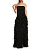 Marchesa Muse by Marchesa Dahlia Chiffon Ruched Cascading Ruffle Strapless A-Line Maxi Dress, Color:Noir - Image 1
