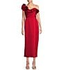 Marchesa Muse by Marchesa Holly Satin 3D Floral Carnation Ruched Sweetheart Neck Asymmetrical One Shoulder Sheath Midi Dress, Color:Rouge - Image 1