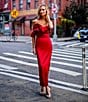 Marchesa Muse by Marchesa Holly Satin 3D Floral Carnation Ruched Sweetheart Neck Asymmetrical One Shoulder Sheath Midi Dress, Color:Rouge - Image 4