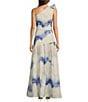 Marchesa Muse by Marchesa Ren Dye Print Two Piece Linen One Shoulder Top & Skirt Set, Color:Blue Dye - Image 2
