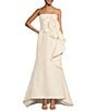 Marchesa Muse by Marchesa Stretch Mikado 3D Rosette Running Side Ruffle Straight Neck Spaghetti Strap Fit and Flare Gown, Color:Vanilla - Image 1