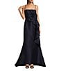 Marchesa Muse by Marchesa Stretch Mikado 3D Rosette Running Side Ruffle Straight Neck Spaghetti Strap Fit and Flare Gown, Color:Midnight - Image 1