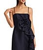Marchesa Muse by Marchesa Stretch Mikado 3D Rosette Running Side Ruffle Straight Neck Spaghetti Strap Fit and Flare Gown, Color:Midnight - Image 3