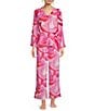 Color:Berry Blush - Image 1 - N by Natori 3/4 Sleeve V-Neck Top & Pant Challis Abstract Print Pajama Set
