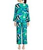 Color:Ocean Teal - Image 2 - N by Natori 3/4 Sleeve V-Neck Top & Pant Challis Abstract Print Pajama Set