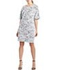 Color:Black/White - Image 1 - N by Natori Floral Jacquard Knit Cuffed Elbow Sleeve Round Neck Side Pocket Shift Dress