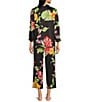 Color:Black Multi - Image 2 - N by Natori Floral Satin 3/4 Sleeve Split V-Neck Coordinating Pajama Set