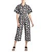 Color:Black - Image 1 - N by Natori Geometric Print Stretch Point Collar Short Sleeve Tie Waist Side Pocket Button-Front Cropped Jumpsuit