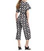 Color:Black - Image 2 - N by Natori Geometric Print Stretch Point Collar Short Sleeve Tie Waist Side Pocket Button-Front Cropped Jumpsuit
