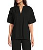 Color:Black - Image 1 - N by Natori Knit Short Sleeve Mandarin Collar Coordinating Lounge Top