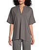 Color:Heather Grey - Image 1 - N by Natori Knit Short Sleeve Mandarin Collar Coordinating Lounge Top