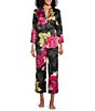 Color:Black Multi - Image 1 - N by Natori Peona Matte Satin Floral Print Split V-Neck 3/4 Sleeve Pajama Set