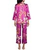 Natori N by Natori Sakura Satin Floral Print Long Sleeve Mandarin Collar Long Pajama Set, Color:Magenta - Image 2