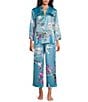 Natori N by Natori Sakura Satin Floral Print Long Sleeve Mandarin Collar Long Pajama Set, Color:Blue - Image 1