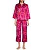 Color:Pink Multi - Image 1 - N by Natori Satin Allover Printed Mandarin Collar 3/4 Sleeve Button-Front Pajama Set