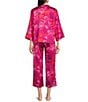 Color:Pink Multi - Image 2 - N by Natori Satin Allover Printed Mandarin Collar 3/4 Sleeve Button-Front Pajama Set