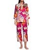 Color:Pink Multi - Image 1 - N by Natori Satin Floral Patchwork 3/4 Sleeve Split Round Neck Pajama Set