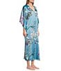 Natori N by Natori Satin Floral Print 3/4 Sleeve V-Neck Caftan, Color:Blue - Image 3