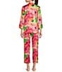 Natori N by Natori Satin Floral Print Long Sleeve Mandarin Collar Pajama Set, Color:Multi - Image 2