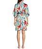 Natori N by Natori Satin Tropical Breeze 3/4 Sleeve Belt Tie Coordinating Short Robe, Color:Blue - Image 2