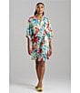 Natori N by Natori Satin Tropical Breeze 3/4 Sleeve Belt Tie Coordinating Short Robe, Color:Blue - Image 4