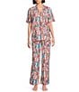 Natori N By Natori Short Sleeve Mandarin Collar Woven Challis Printed Pajama Set, Color:Warm White - Image 1