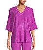 Color:Sugar Plum - Image 1 - N by Natori Terry Short Sleeve V-Neck Coordinating Lounge Top
